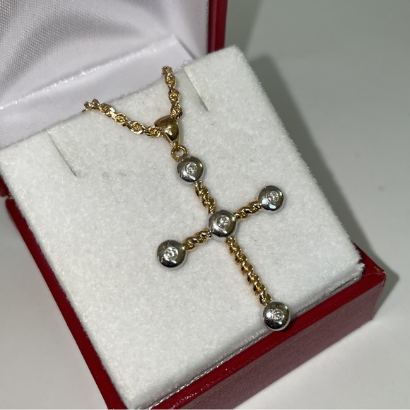 Real 14K Yellow Gold Natural Diamond Bezel Religious Cross Pendant Rope Necklace - Picture 11 of 17